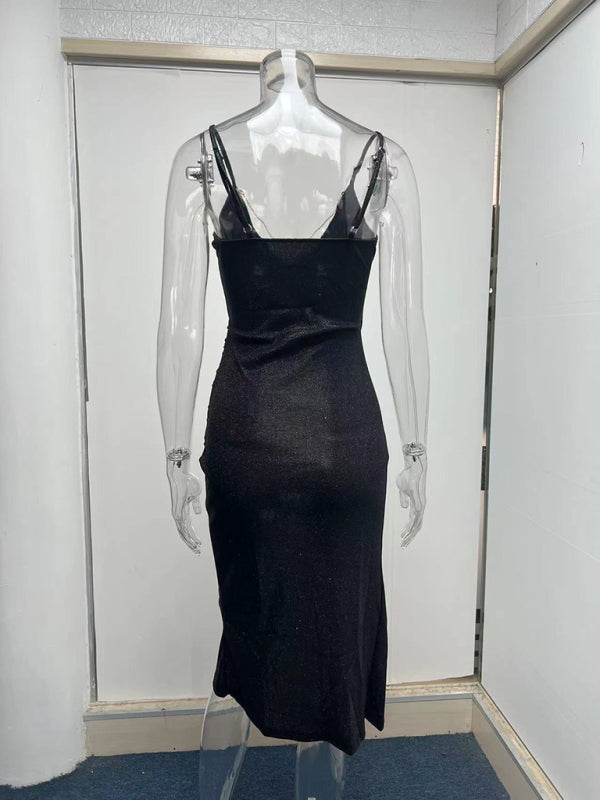 Sexy Glitter High Slit Deep V Sling Dress European and American
