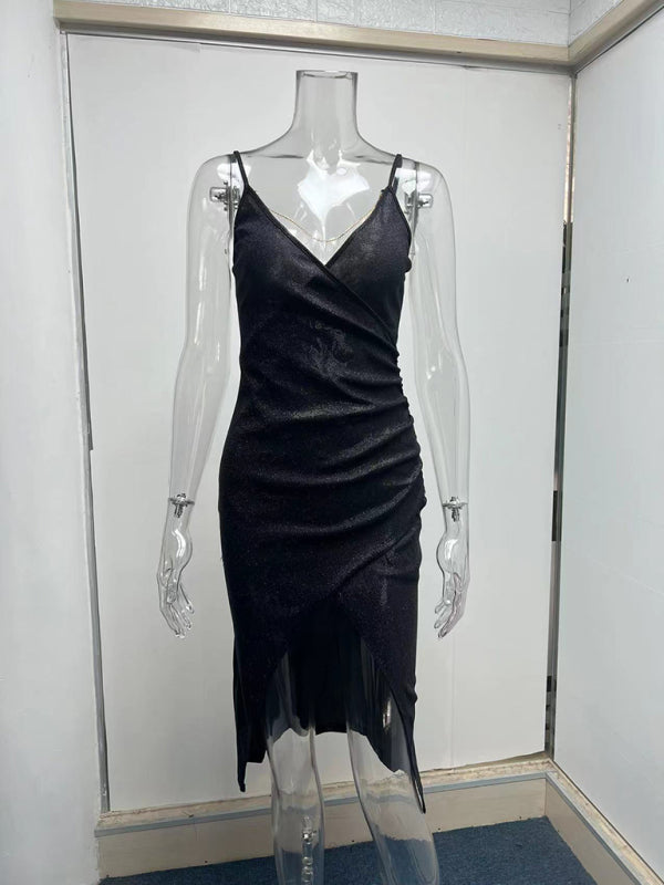 Sexy Glitter High Slit Deep V Sling Dress European and American