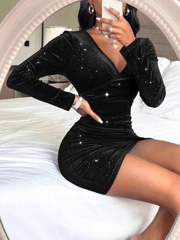 Bronzing gold velvet long-sleeved dress sexy solid color V-neck miniskirt