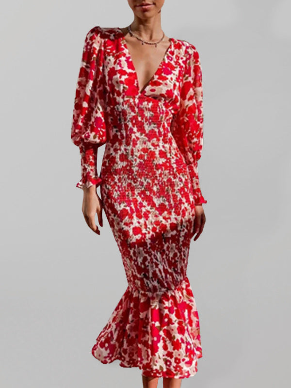 V-neck and sexy print stretch elastic slim dress