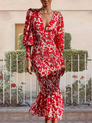 V-neck and sexy print stretch elastic slim dress