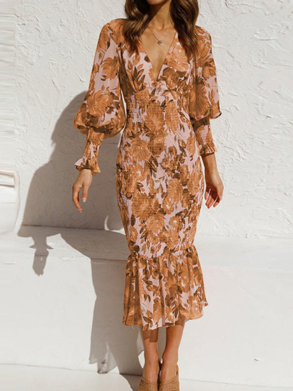 V-neck and sexy print stretch elastic slim dress