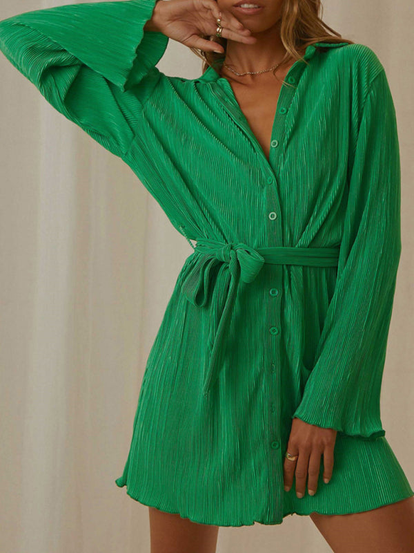 Pleated Long Sleeve Belted Shirt Casual Dress