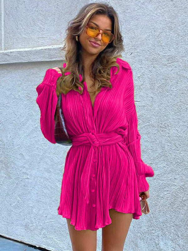 Pleated Long Sleeve Belted Shirt Casual Dress