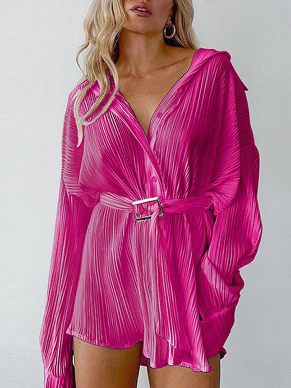 Pleated Long Sleeve Belted Shirt Casual Dress