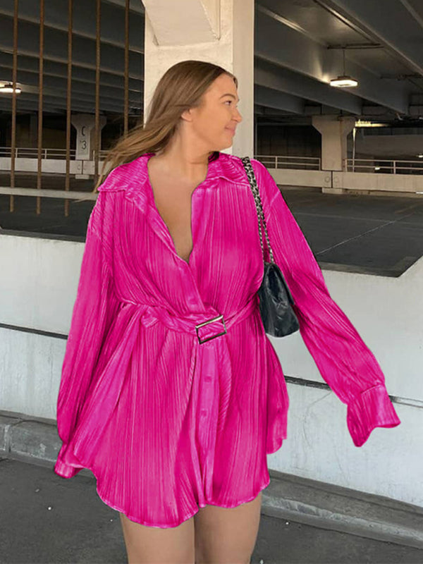 Pleated Long Sleeve Belted Shirt Casual Dress