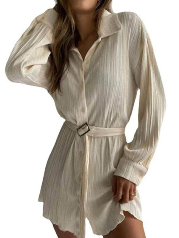 Pleated Long Sleeve Belted Shirt Casual Dress