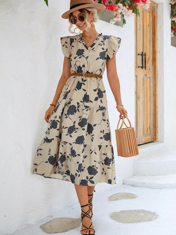 Floral V-neck Printed Flying Sleeve Dress