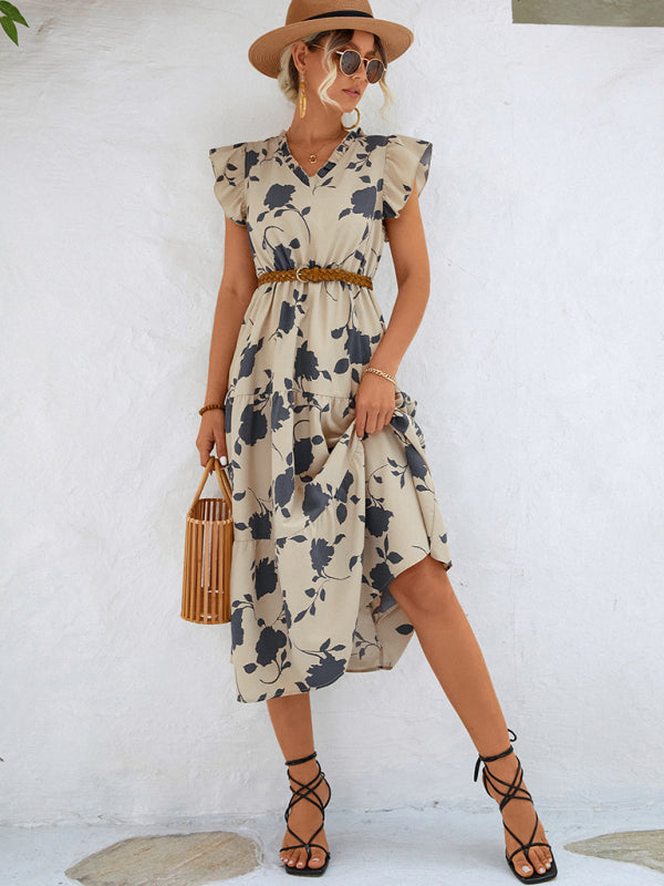 Floral V-neck Printed Flying Sleeve Dress