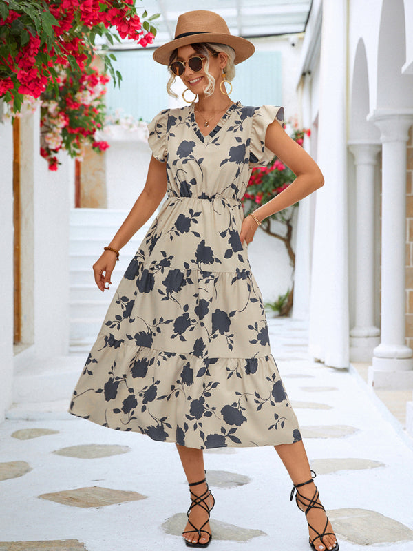 Floral V-neck Printed Flying Sleeve Dress