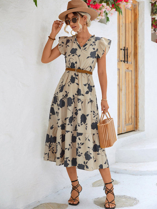 Floral V-neck Printed Flying Sleeve Dress