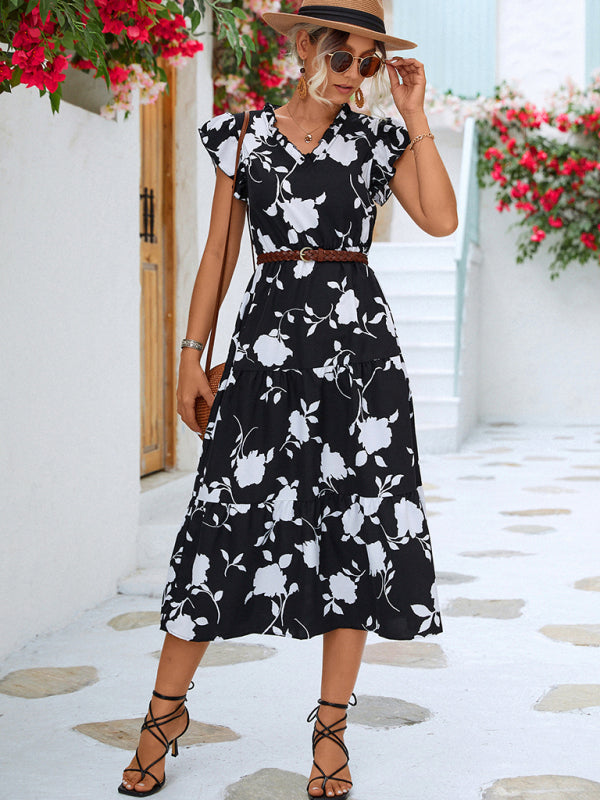Floral V-neck Printed Flying Sleeve Dress