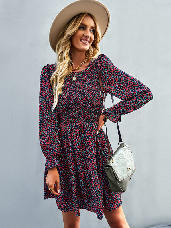 Round neck floral dress long-sleeved all-match A-line skirt
