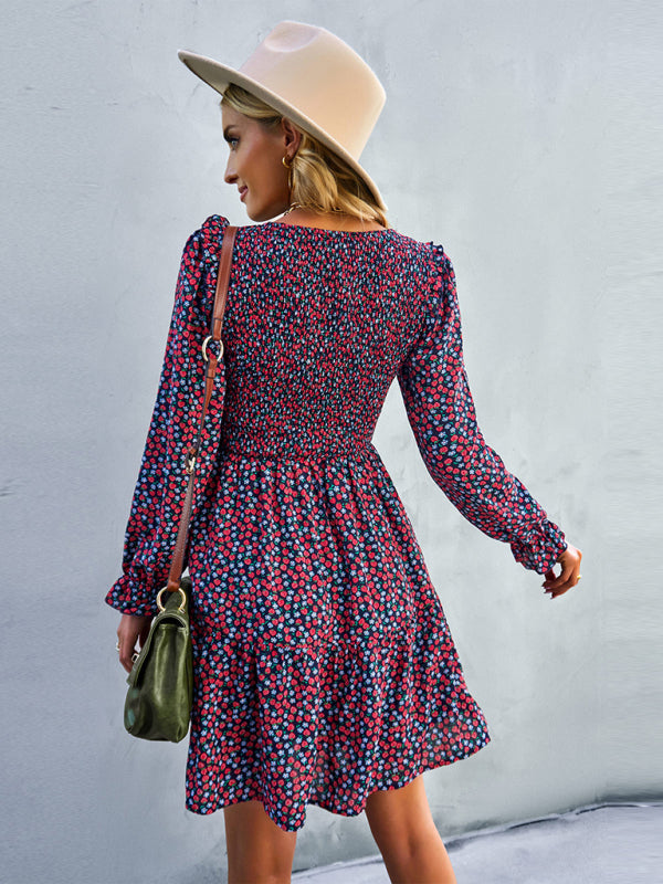 Round neck floral dress long-sleeved all-match A-line skirt