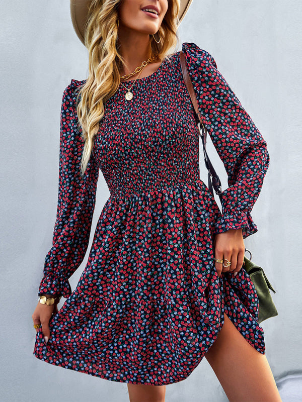 Round neck floral dress long-sleeved all-match A-line skirt