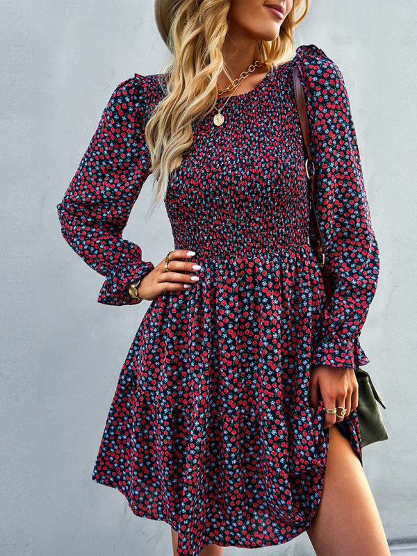 Round neck floral dress long-sleeved all-match A-line skirt