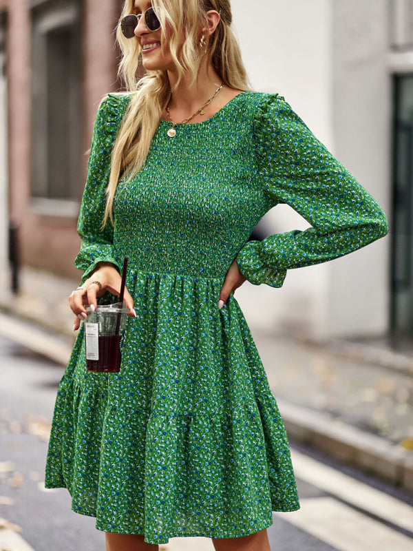 Round neck floral dress long-sleeved all-match A-line skirt