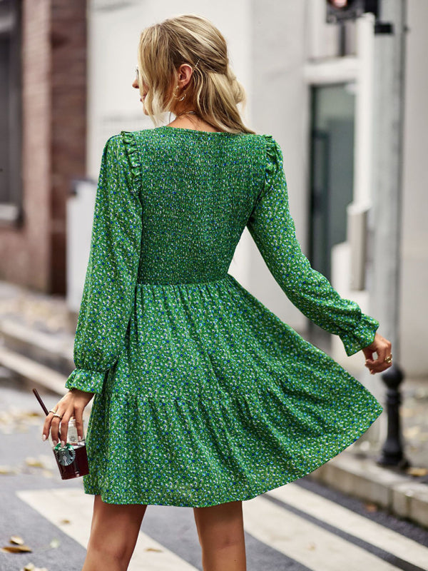 Round neck floral dress long-sleeved all-match A-line skirt