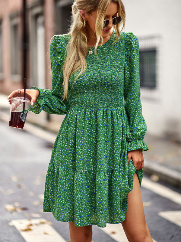 Round neck floral dress long-sleeved all-match A-line skirt