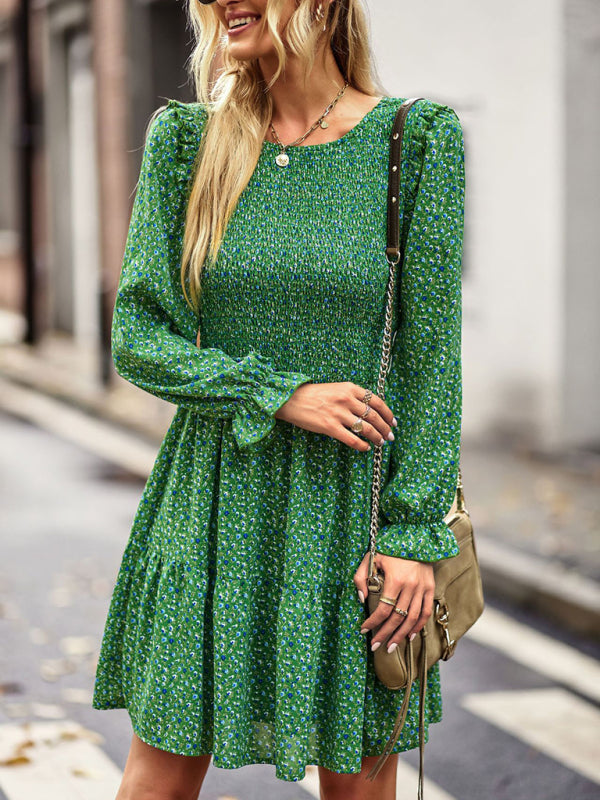 Round neck floral dress long-sleeved all-match A-line skirt