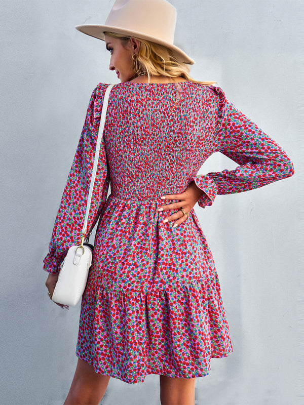 Round neck floral dress long-sleeved all-match A-line skirt