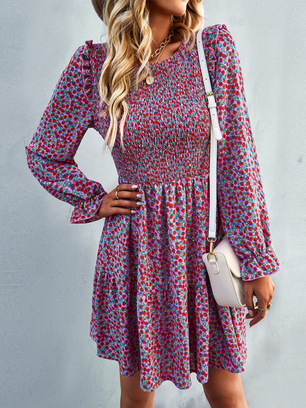 Round neck floral dress long-sleeved all-match A-line skirt