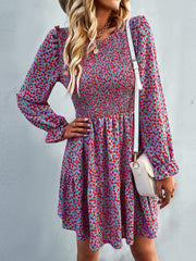 Round neck floral dress long-sleeved all-match A-line skirt