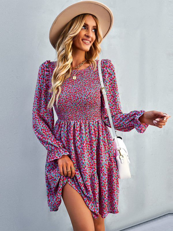 Round neck floral dress long-sleeved all-match A-line skirt