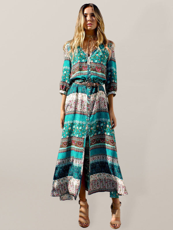 Holiday Cardigan Bohemian Single Breasted Printed Dress Long Skirt
