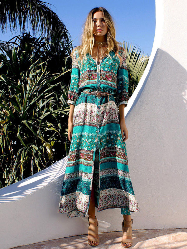 Holiday Cardigan Bohemian Single Breasted Printed Dress Long Skirt