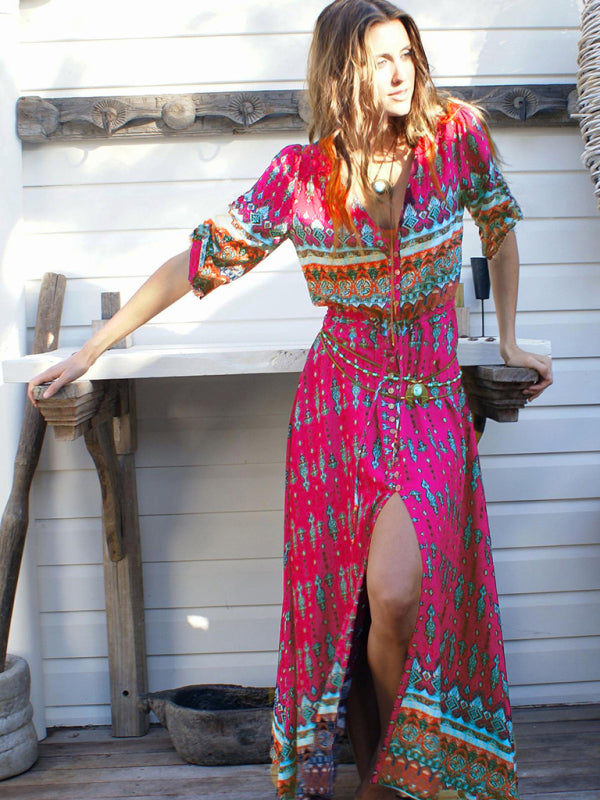 Holiday Cardigan Bohemian Single Breasted Printed Dress Long Skirt
