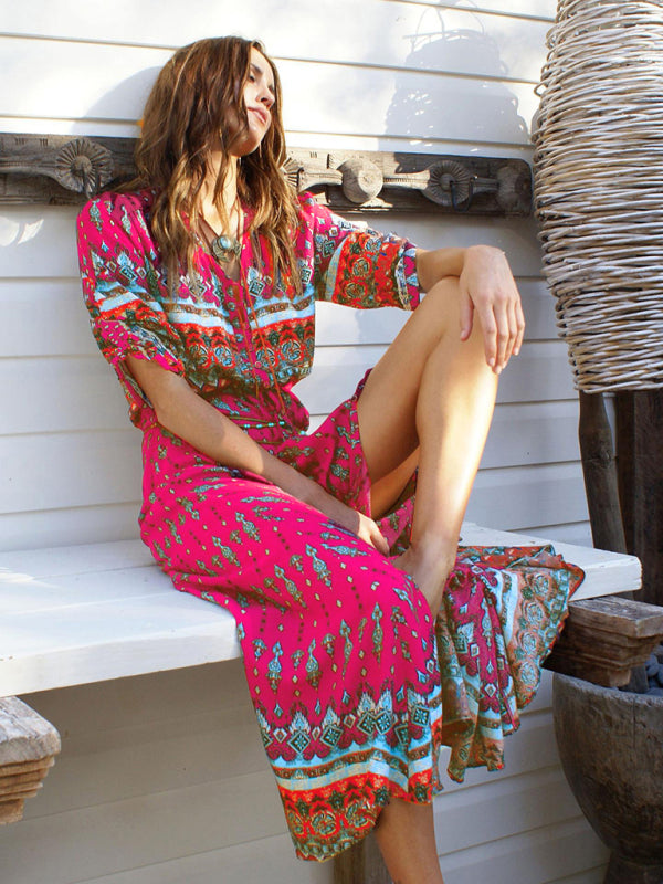 Holiday Cardigan Bohemian Single Breasted Printed Dress Long Skirt