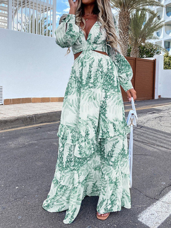 sexy V-neck hollow design print holiday long-sleeved dress