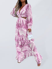 sexy V-neck hollow design print holiday long-sleeved dress