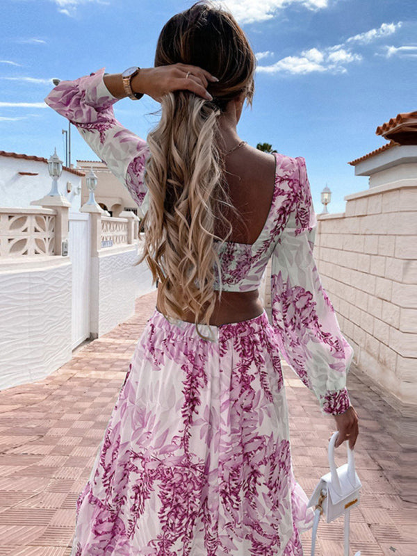 sexy V-neck hollow design print holiday long-sleeved dress