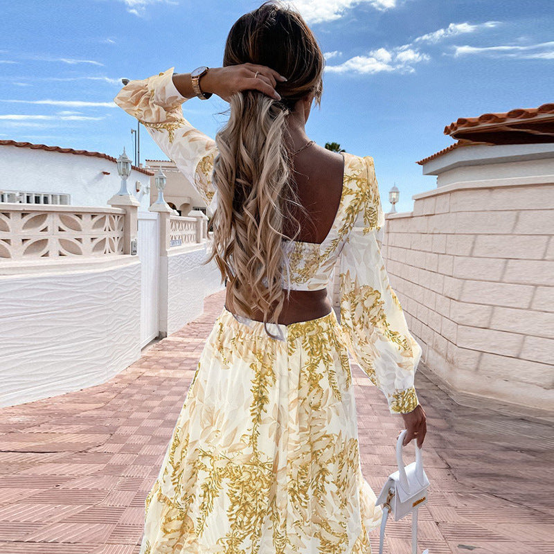 sexy V-neck hollow design print holiday long-sleeved dress