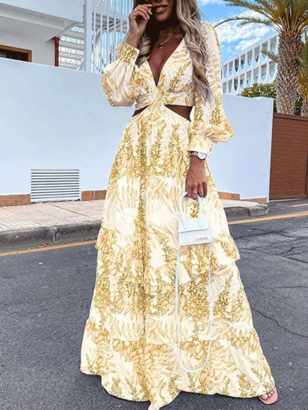 sexy V-neck hollow design print holiday long-sleeved dress