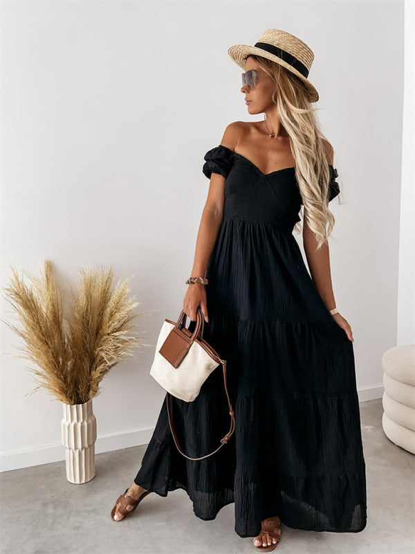 style short-sleeved off-the-shoulder solid color backless strappy commuter high-waisted dress