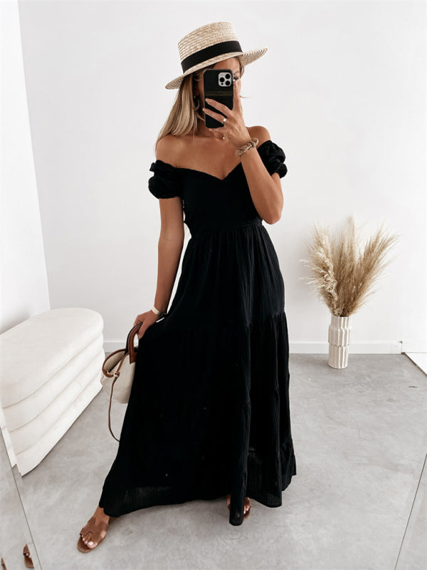 style short-sleeved off-the-shoulder solid color backless strappy commuter high-waisted dress