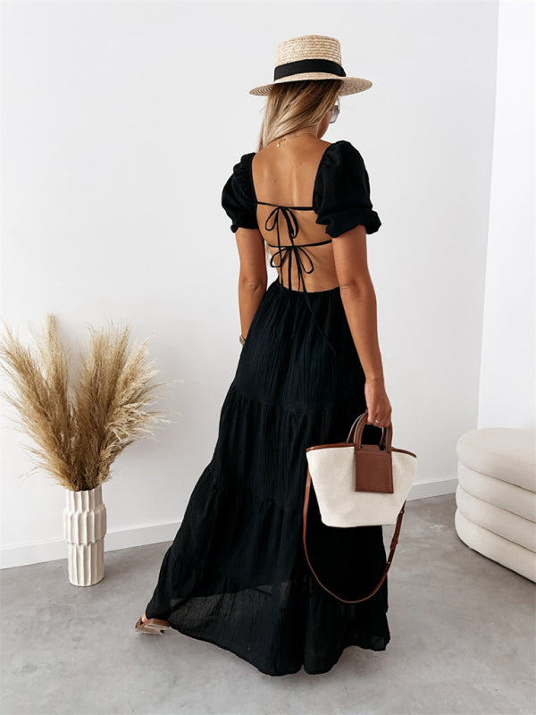 style short-sleeved off-the-shoulder solid color backless strappy commuter high-waisted dress