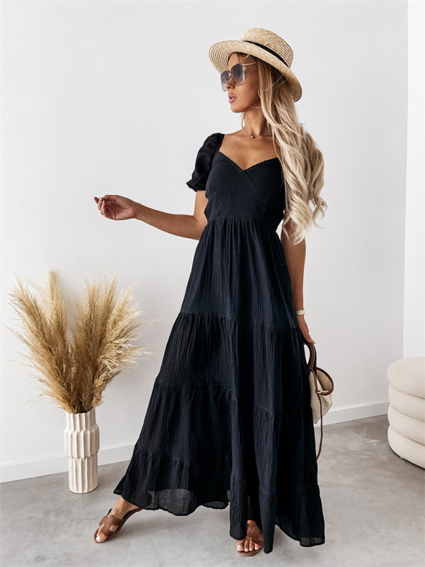 style short-sleeved off-the-shoulder solid color backless strappy commuter high-waisted dress
