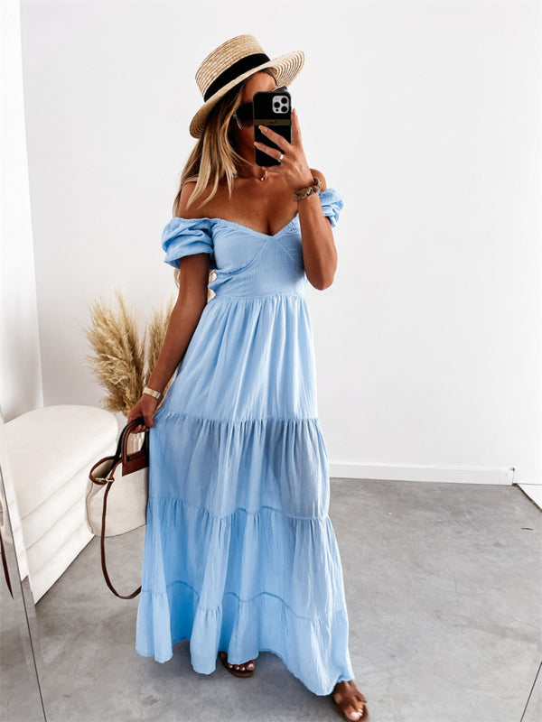 style short-sleeved off-the-shoulder solid color backless strappy commuter high-waisted dress