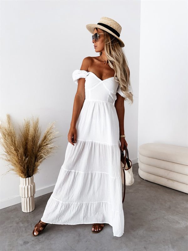 style short-sleeved off-the-shoulder solid color backless strappy commuter high-waisted dress