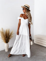 style short-sleeved off-the-shoulder solid color backless strappy commuter high-waisted dress