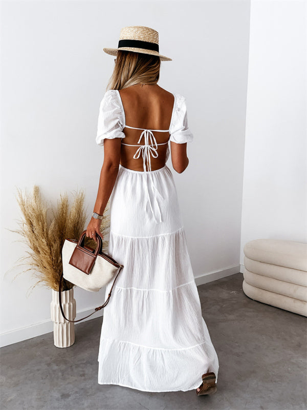 style short-sleeved off-the-shoulder solid color backless strappy commuter high-waisted dress