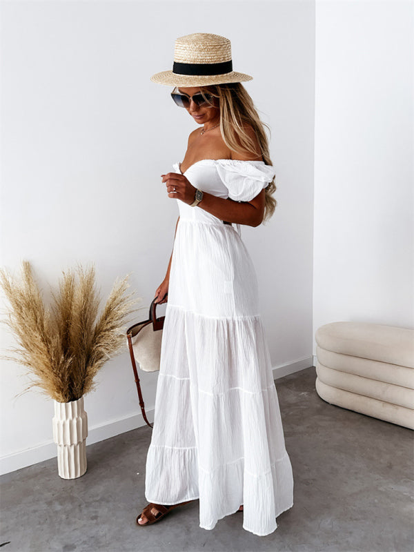 style short-sleeved off-the-shoulder solid color backless strappy commuter high-waisted dress