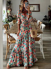 Elegant V-neck five-quarter-sleeved multicolored floral pleats stitching large swing dress
