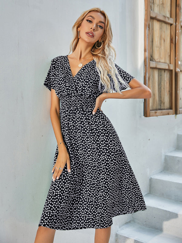 elegant casual vacation V-neck floral print short-sleeved dress