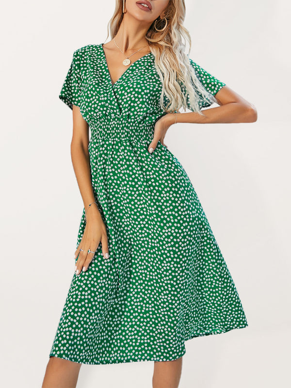 elegant casual vacation V-neck floral print short-sleeved dress