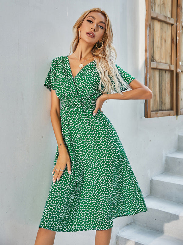 elegant casual vacation V-neck floral print short-sleeved dress